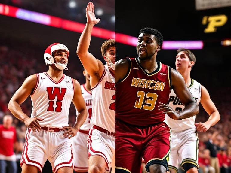 Wisconsin Badgers and Purdue Boilermakers players in action during a Big Ten matchup