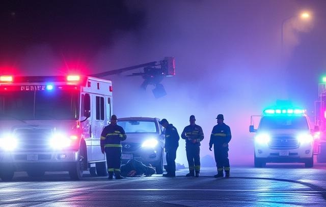 Emergency responders at the Philadelphia air ambulance crash site near Roosevelt Mal